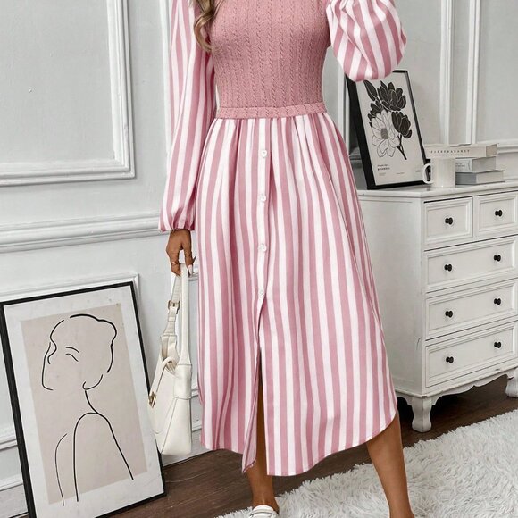 Pink Casual Women's Striped Midi Dress - Picture 5 of 6